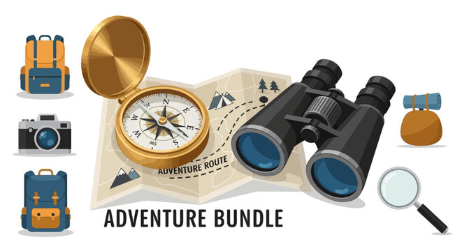 Adventure travel exploration equipment bundle.