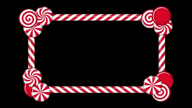Candy cane frame with red and white striped animation. Border with striped candy lollipop pattern. Winter ornament decoration. Winter holidays theme. Transparent background with alpha channel