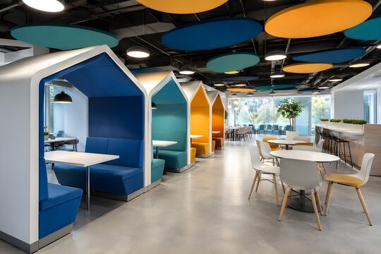 Ultra modern tech company cafeteria with pod style seating vibrant accents acoustic ceiling baffles design