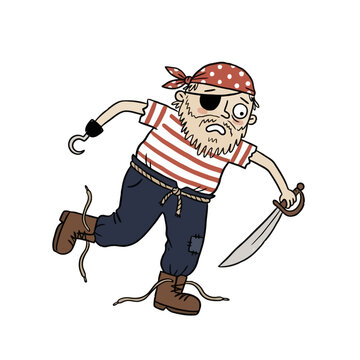 Funny pirate captain with hook hand and sword tripping over untied shoelaces.
