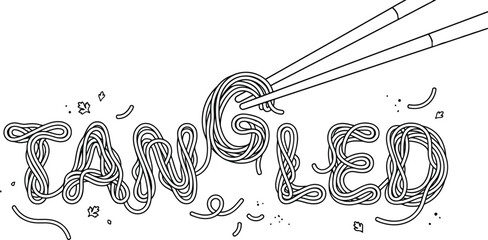 Tangled noodle typography text design with chopsticks and herbs. © jim's Cafe