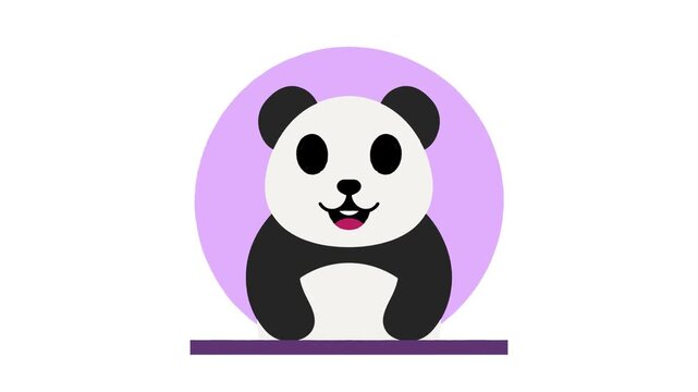 Cute 2D animated giant panda bear waving paw inside a purple circle frame for children entertainment.