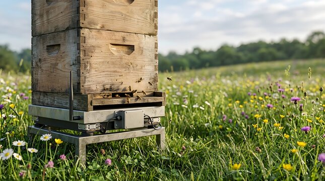 smart beehive monitoring scale collecting real time hive weight data in wildflower meadow for precision beekeeping and pollinator health management