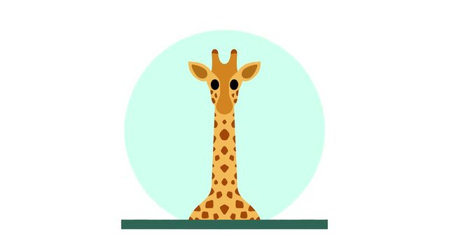 Cute 2D animated giraffe head with a long neck and brown spots on a light green circle background for kids content.