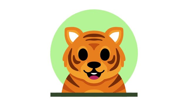 Cute animated orange tiger head with black stripes smiling inside a green circular frame for children videos.