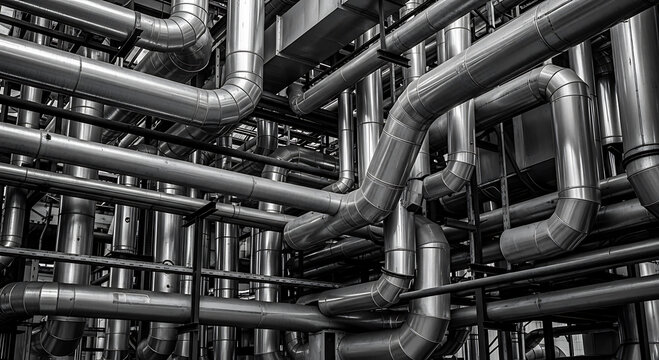 Industrial Pipeline System with Complex Network of Shiny Metal Pipes and Tubes in Factory Workshop