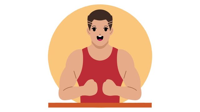 Flat 2D animation of a muscular young man wearing a red tank top working out or flexing on an orange circle background.