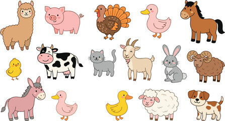 Fototapeta premium Cute Kawaii Cartoon Farm Animal Vector Set with Alpaca Pig Cow Horse Goat Sheep Duckling and Domestic Livestock Characters for Kids Nursery Clipart