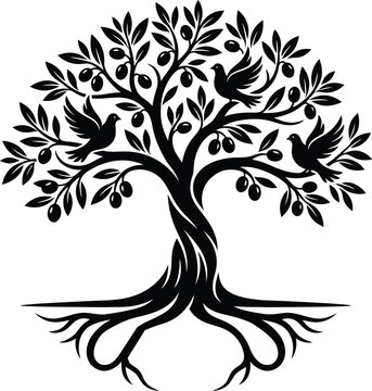 Olive tree silhouette with birds and olives vector illustration on transparent.