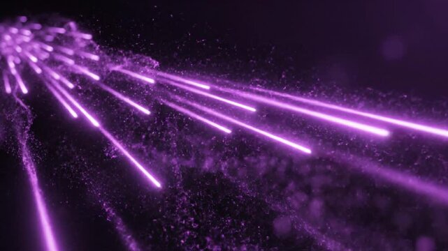 Abstract digital particle stream of vibrant purple light beams emanating from a glowing source, creating an energetic and futuristic motion effect