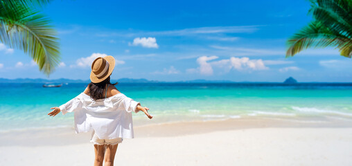 Abstract Blurred image of Tropical beautiful sand beach and clear water with copy space, Summer vacation