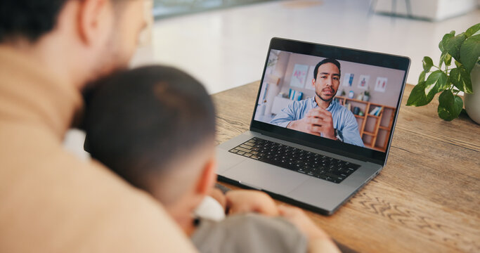Telehealth, laptop screen and dad with sick child in house, video call and communication with doctor. People, home and talk with pediatrician on web, virtual consultation or medical advice for family