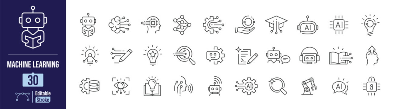 Machine Learning web icon set in line style. Collection of Machine Learning, AI Brain, Neural Network, AI Agent, Chatbot, AI Search, Vision and more. Fully editable stroke. Vector illustration.