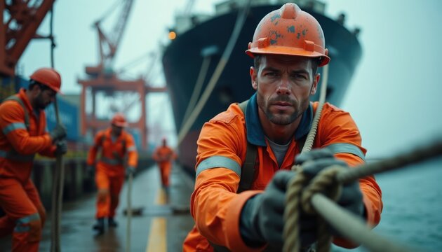 Dockworkers in orange work clothes pull on thick rope. Team of men work at ship mooring securing large cargo vessel at port. Maritime industry labor.