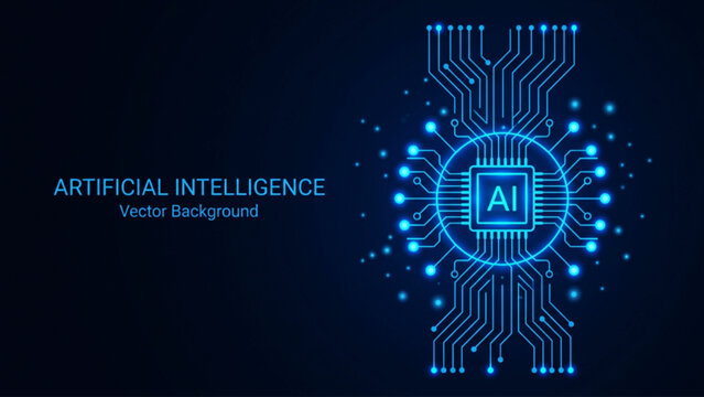 Artificial intelligence microchip processor showing glowing blue circuit board pathways on dark background for futuristic technology and digital innovation concept illustration.