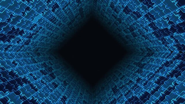 Abstract Animation Loop of a 3D Square Tunnel Assembling from Jigsaw Puzzle Pieces. Problem-solving, business partnership and blockchain solution concept with copy space on a blue background.