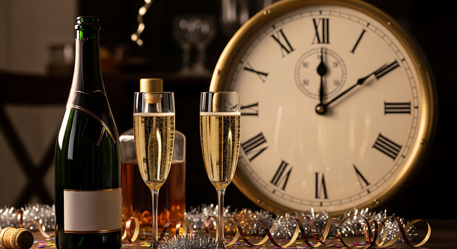 New Year Countdown Concept with Vintage Clock Showing Midnight, Champagne Bottle, and Flutes on Festive Table