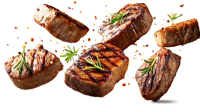 Grill Pork Chops, beef steaks, realistic 3d brisket flying in the air, isolated on a white background
