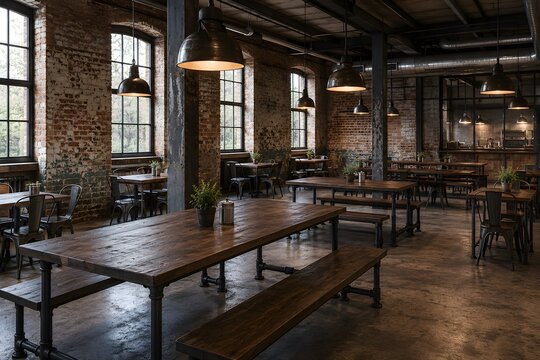 Factory Style Cafeteria with Weathered Brick Walls Vintage Industrial Pendant Lamps Dark Oak Iron Tables