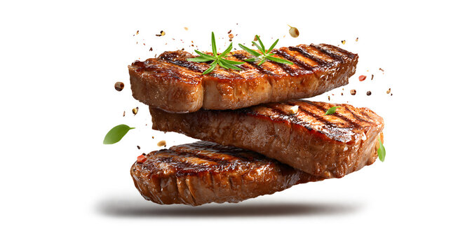 Grill Pork Chops, beef steaks, realistic 3d brisket flying in the air, isolated on a white background