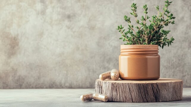 Herbal supplements in capsules and tablets displayed with fresh green herb sprigs in a jar on a wooden stand