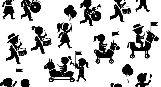 Playful black silhouettes of children celebrating joyful parade.