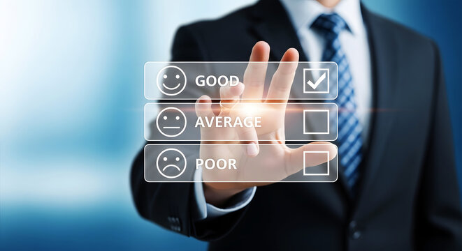Businessman selecting good rating on a digital survey with happy face icon hand touching