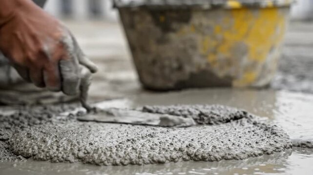 Construction worker spreading fresh wet concrete with a metal trowel on a building site