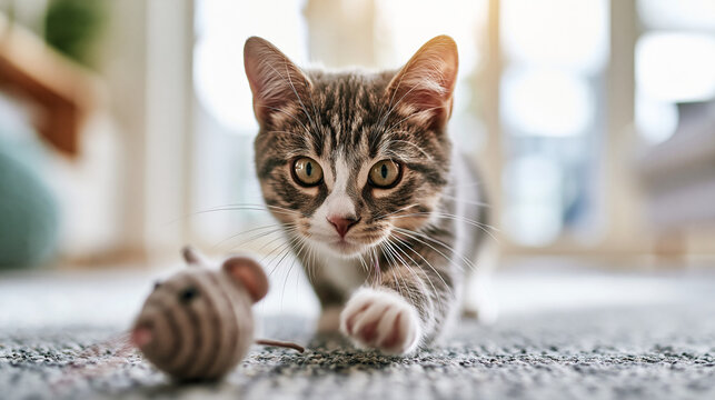 Grey and white tabby kitten crouching on a carpet and reaching for a plush toy mouse. Young domestic cat playing indoors. Feline hunting instinct and pet activity concept