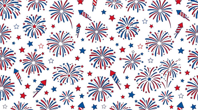 Vibrant red white and blue fireworks pattern with starbursts and rockets isolated on white background for 4th of july celebrations