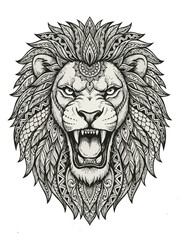 Obraz premium Roaring lion face sketch design showing sharp fangs for adult coloring book page