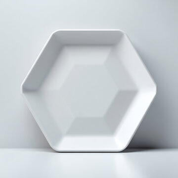 Empty white hexagonal ceramic plate with geometric facets for serving food