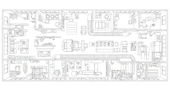 Detailed overhead representation of architectural floor plans showcasing interior layouts of rooms furniture and structural elements presenting a comprehensive view of residential or commercial