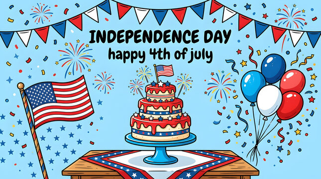 Colorful illustration of a cake with american flag on a table with balloons and bunting for independence day