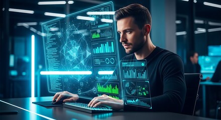 Fototapeta premium Man sitting at desk working on computer with futuristic data visualization screens floating above keyboard