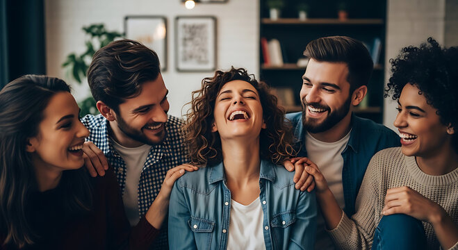 Group of Happy Friends Laughing Together Indoors