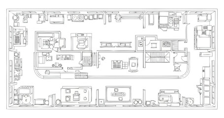 Naklejka premium Detailed architectural blueprint showcasing the comprehensive layout and arrangement of furniture and rooms within a multi level residence presenting an aerial view of interior design and space