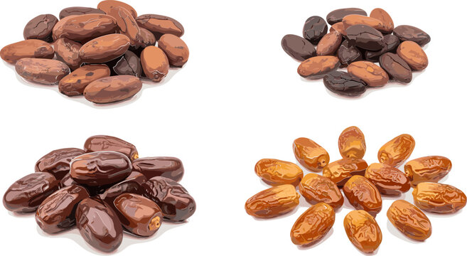 Set of Various Dates Including Fresh, Dried, and Sweetened Dates for Healthy Snacks, Vegan, and Culinary Graphics