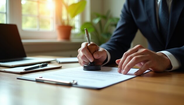 Man in suit stamps document with round seal. Pro person approves contract or official paper. Business agreement signing in office with laptop.