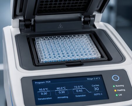 Close Up Of Thermal Cycler PCR Machine Lid Open Showing 96 Well Plate Loaded Samples