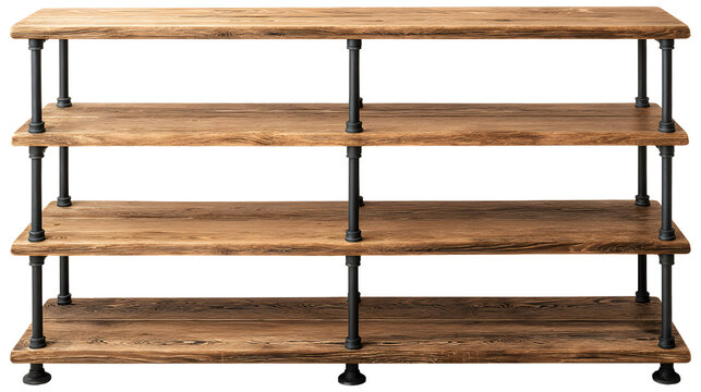 Industrial style shelving unit with wooden shelves and black pipe frame, rustic furniture for home decor isolated on a white background