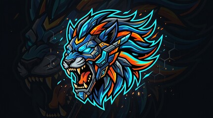 Obraz premium Cyberpunk robotic lion mascot logo, futuristic mechanical predator head with glowing blue armor, sci-fi esports lion character for gaming
