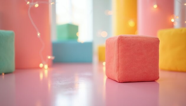 Soft colorful blocks and luminous fairy lights create playful learning zone. Children build, imagine, and explore with tactile toys in a bright room.