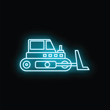 Bulldozer heavy equipment outlined in glowing neon lines for construction and development concepts