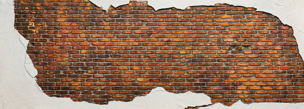 old brick wall with destroyed plaster, brickwork texture