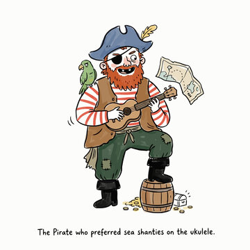 Pirate playing sea shanty on ukulele while standing on barrel.