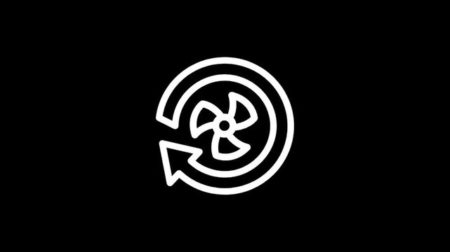 White fan icon with circular arrow on black background, representing airflow or ventilation