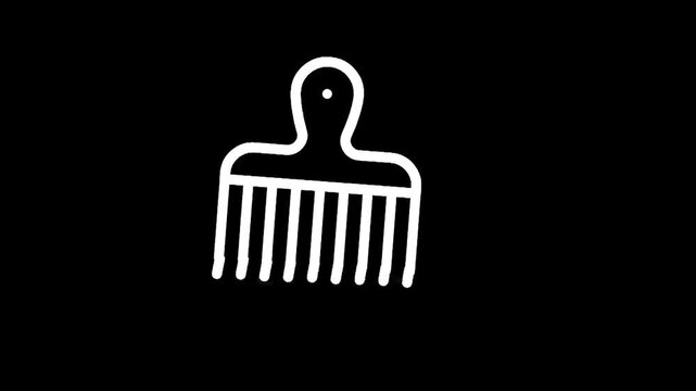 Simple white outline of an afro pick on a black background, minimalist design