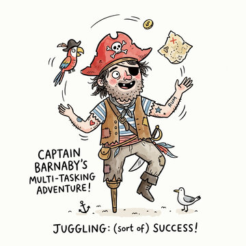 Funny pirate captain multitasking and juggling items on white background.