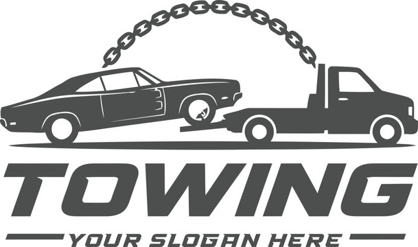 A professional monochrome logo design featuring a flatbed truck towing a classic car, ideal for automotive recovery and roadside assistance businesses.
